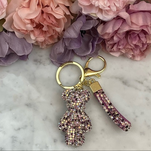 Multicolor Purple Crystal & Leather Strap Bear Keychain - Picture 10 of 13